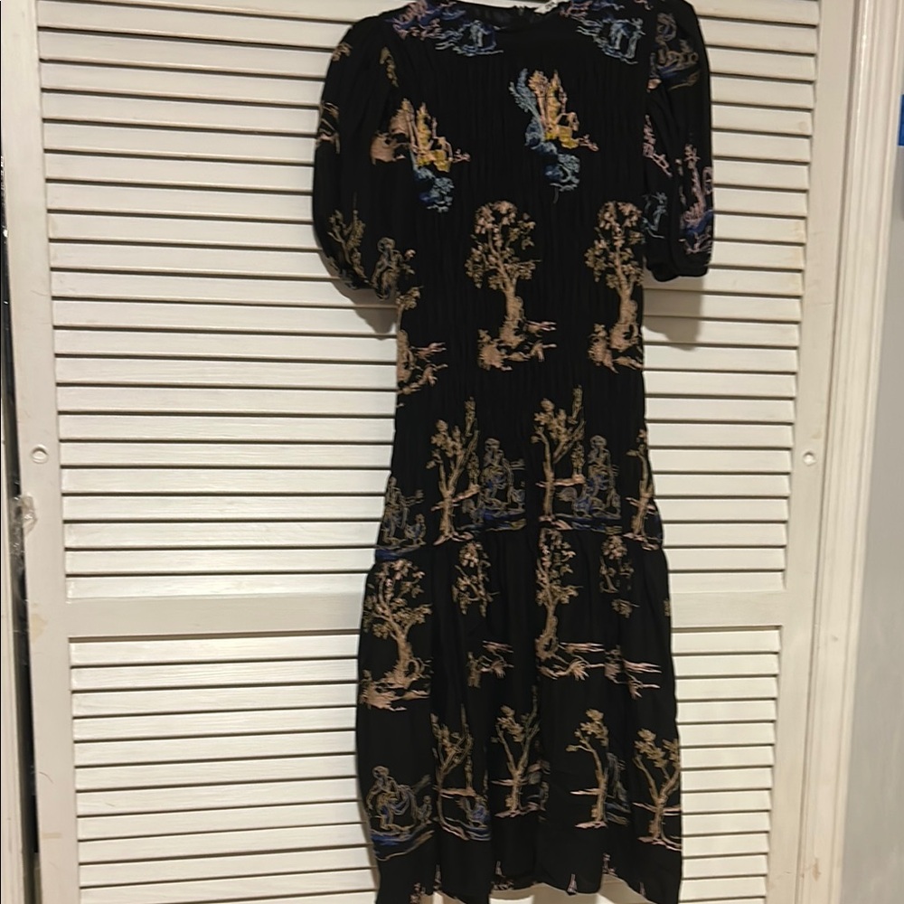 Zara Blue Midi Dress with Puff Sleeves and Crew Neck